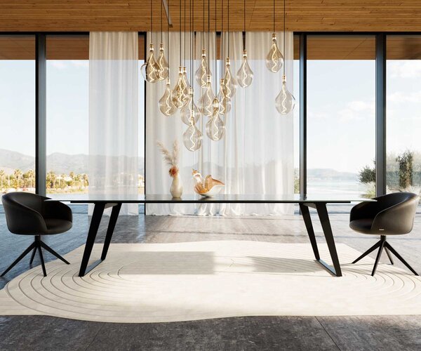 DELIFE Étkezőasztal Edge 300x100 domborított üveg füstfekete 3D design fém ferde fekete