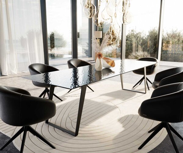 DELIFE Étkezőasztal Edge 300x100 domborított üveg füstfekete 3D design fém ferde fekete