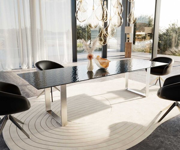 DELIFE Étkezőasztal Edge 300x100 domborított üveg füstfekete 3D design rozsdamentes acél keskeny