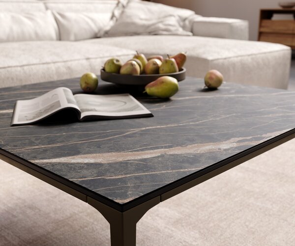 DELIFE Dohányzóasztal Levente 85x85 cm Laminam® kerámia Noir Desir barna fém láb titán színű hatású