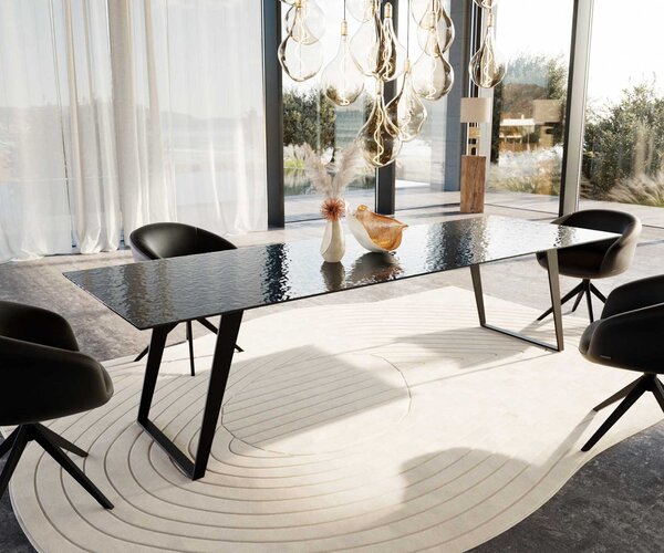 DELIFE Étkezőasztal Edge 300x100 domborított üveg füstfekete 3D design fém ferde fekete