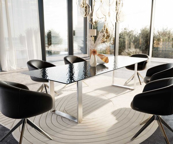 DELIFE Étkezőasztal Edge 300x100 domborított üveg füstfekete 3D design rozsdamentes acél keskeny
