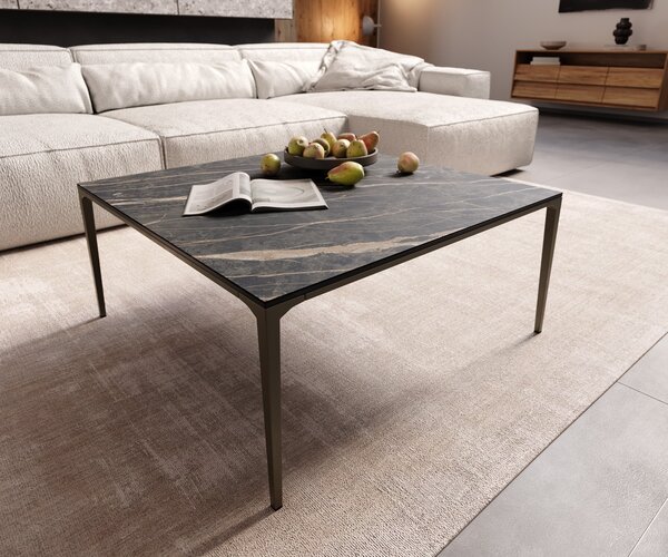 DELIFE Dohányzóasztal Levente 85x85 cm Laminam® kerámia Noir Desir barna fém láb titán színű hatású