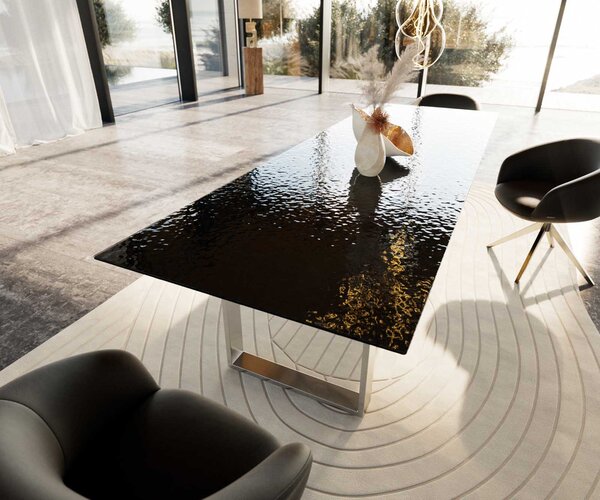 DELIFE Étkezőasztal Edge 300x100 domborított üveg füstfekete 3D design rozsdamentes acél keskeny