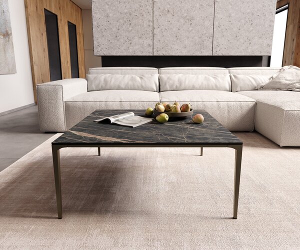DELIFE Dohányzóasztal Levente 85x85 cm Laminam® kerámia Noir Desir barna fém láb titán színű hatású