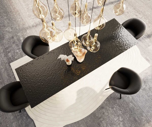 DELIFE Étkezőasztal Edge 300x100 domborított üveg füstfekete 3D design fém ferde fekete
