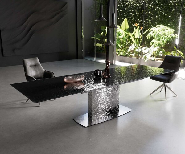 DELIFE Étkezőasztal Edge 200-300x100 domborított üveg füstfekete 3D design hullám rozsdamentes acél kihúzható