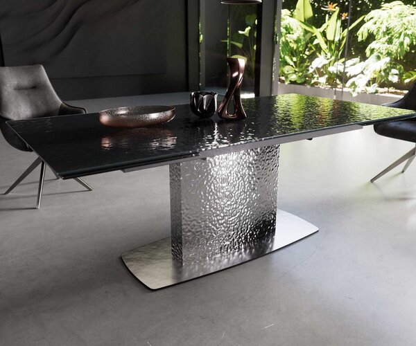 DELIFE Étkezőasztal Edge 200-300x100 domborított üveg füstfekete 3D design hullám rozsdamentes acél kihúzható