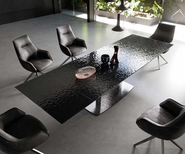 DELIFE Étkezőasztal Edge 200-300x100 domborított üveg füstfekete 3D design hullám rozsdamentes acél kihúzható