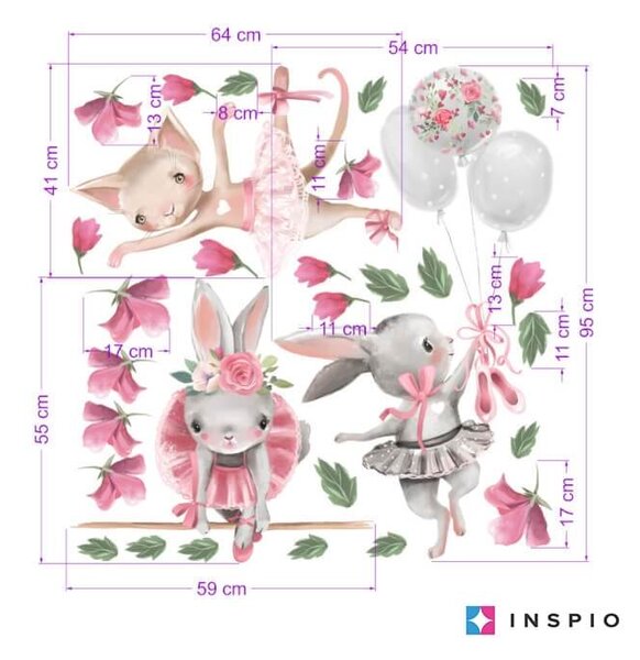 INSPIO - átragasztható textil matrica - Falmatrica - Balett táncos állatok