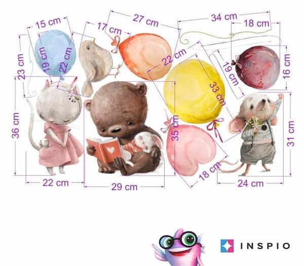 INSPIO - átragasztható textil matrica - Falmatrica az ágy fölé - Állatok lufikkal pasztell színekben