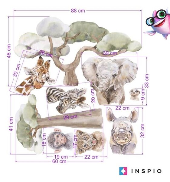 INSPIO - átragasztható textil matrica - Falmatrica ágy fölé - Állatok a szafariról