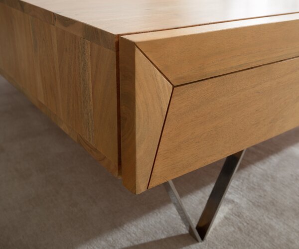 DELIFE Dohányzóasztal Kayu 60x60 cm akác természetes 2 fiókos V-láb rozsdamentes acélból