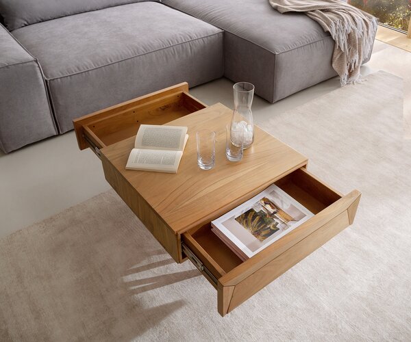 DELIFE Dohányzóasztal Kayu 60x60 cm akác természetes 2 fiókos V-láb rozsdamentes acélból