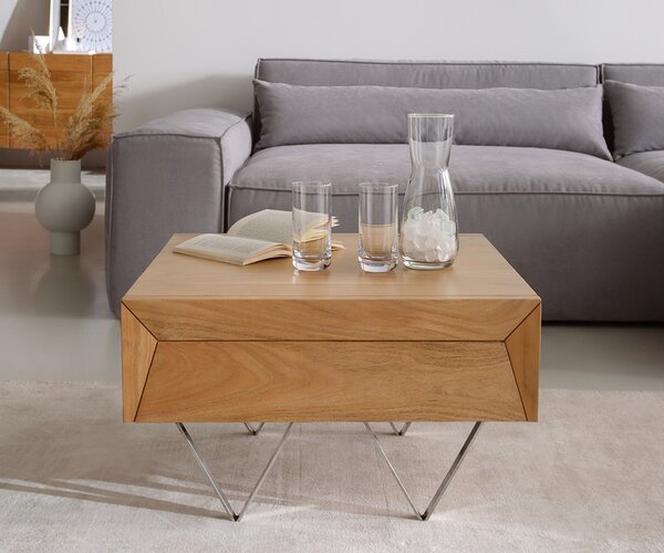 DELIFE Dohányzóasztal Kayu 60x60 cm akác természetes 2 fiókos V-láb rozsdamentes acélból