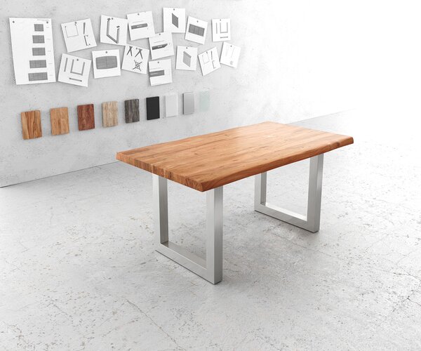 DELIFE Étkezőasztal Edge 160x90 cm XL akác természetes rozsdamentes acél széles Live-Edge