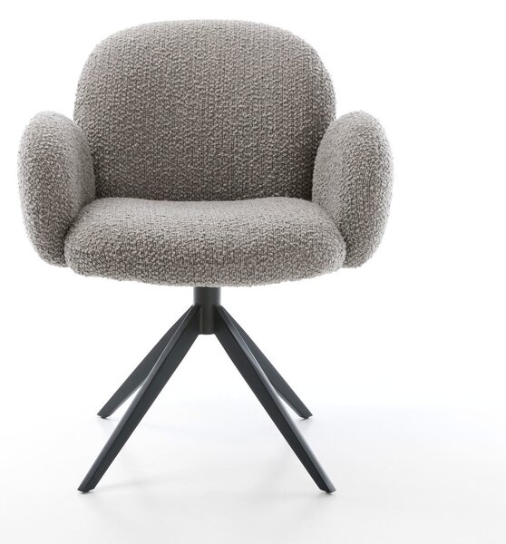 DELIFE Étkezőszék Nube-Flex karfás bouclé ezüstszürke kereszt láb széles fekete 360° forgatható hintamechanizmus zsákrugós matrac
