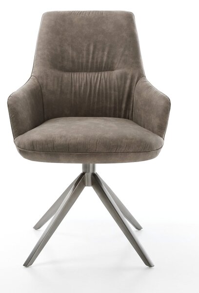 DELIFE Étkezőszék Zelia-Flex karfás mikroszálas taupe vintage kereszt lábas széles grafit 360° forgatható hintamechanizmus zsákrugós