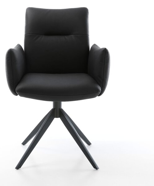 DELIFE Étkezőszék Jova-Flex karfás valódi bőr fekete kereszt láb széles fekete 360° forgatható billenő zsákrugós matraccal