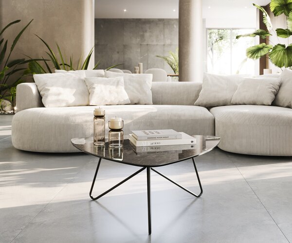 DELIFE Dohányzóasztal Ekrem 88x85 cm kerámia Laminam®Emperador Extra Lucidato sötétbarna hajlított fém láb fekete