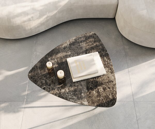 DELIFE Dohányzóasztal Ekrem 88x85 cm kerámia Laminam®Emperador Extra Lucidato sötétbarna hajlított fém láb fekete
