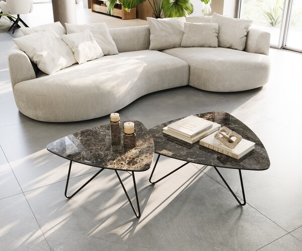 DELIFE Dohányzóasztal Ekrem 88x85 cm kerámia Laminam®Emperador Extra Lucidato sötétbarna hajlított fém láb fekete