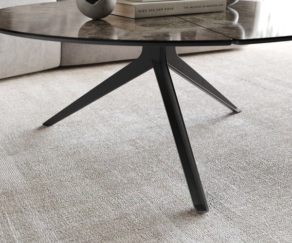 DELIFE Dohányzóasztal Delron 90x90 cm kerámia Laminam®Emperador Extra Lucidato sötétbarna kereszt láb lapos fém fekete