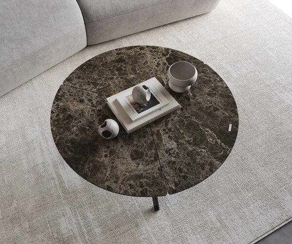 DELIFE Dohányzóasztal Delron 90x90 cm kerámia Laminam®Emperador Extra Lucidato sötétbarna kereszt láb lapos fém fekete