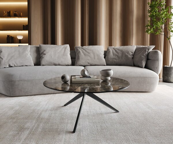 DELIFE Dohányzóasztal Delron 90x90 cm kerámia Laminam®Emperador Extra Lucidato sötétbarna kereszt láb lapos fém fekete