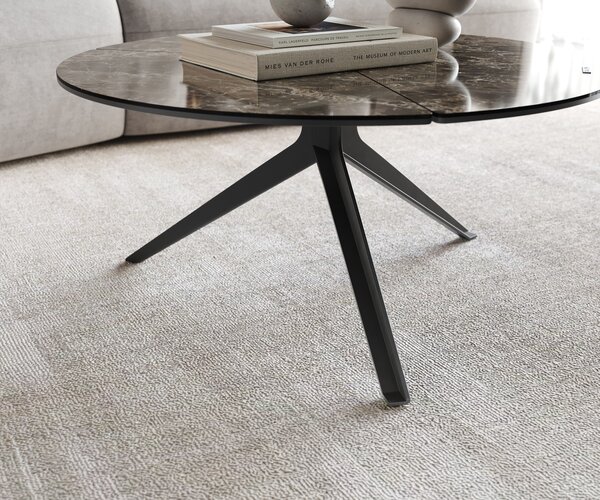 DELIFE Dohányzóasztal Delron 70x70 cm kerámia Laminam® Emperador Extra Lucidato sötétbarna kereszt láb lapos fém fekete