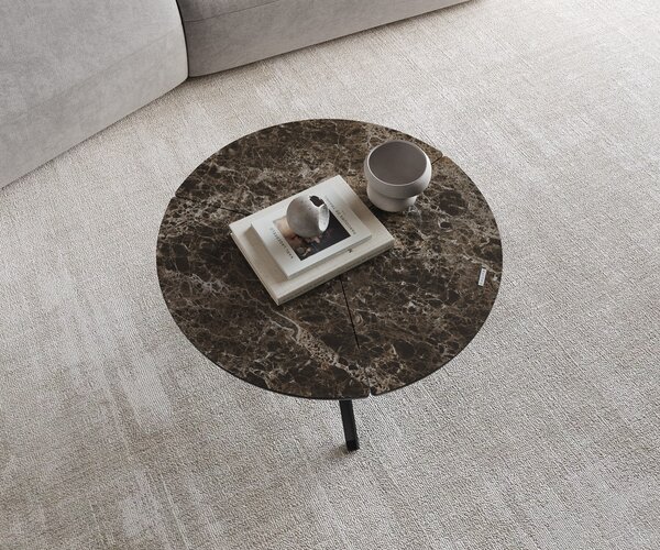 DELIFE Dohányzóasztal Delron 70x70 cm kerámia Laminam® Emperador Extra Lucidato sötétbarna kereszt láb lapos fém fekete