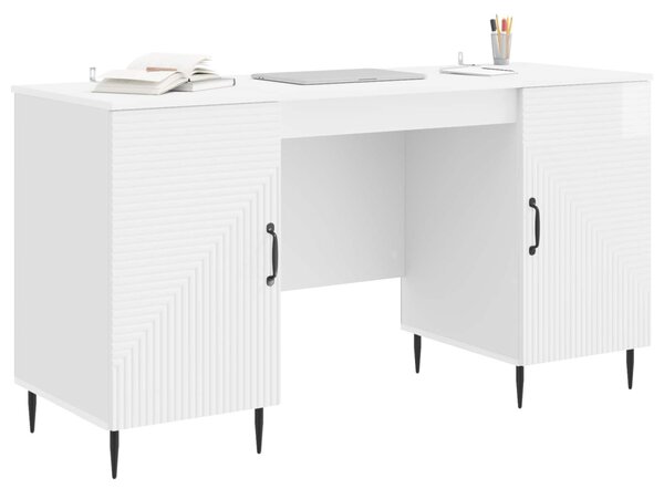 Asztal polcokkal Magasfényű Fehér 142,5 x 50 x 75 cm Szerelt Fa