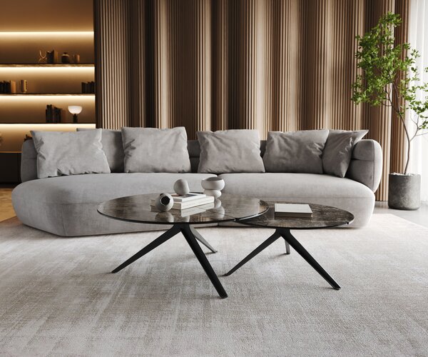 DELIFE Dohányzóasztal Delron 70x70 cm kerámia Laminam® Emperador Extra Lucidato sötétbarna kereszt láb lapos fém fekete
