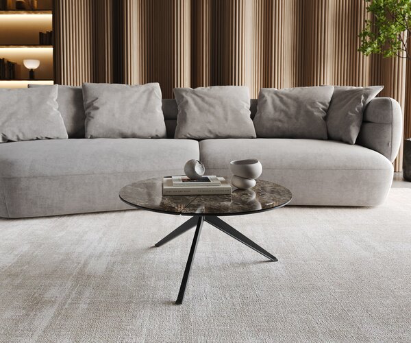 DELIFE Dohányzóasztal Delron 70x70 cm kerámia Laminam® Emperador Extra Lucidato sötétbarna kereszt láb lapos fém fekete