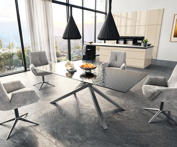 DELIFE Étkezőasztal Edge 200x100 domborított üveg füstfekete 3D design kereszt láb téglalap alakú rozsdamentes acél