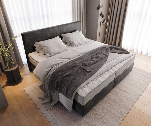 DELIFE Boxspring ágy Dream-Well mikroszálas antracit vintage 200x200 cm zsákrugós matraccal és visco topperrel