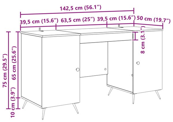 Asztal polcokkal Betonszürke 142,5 x 50 x 75 cm Szerelt Fa