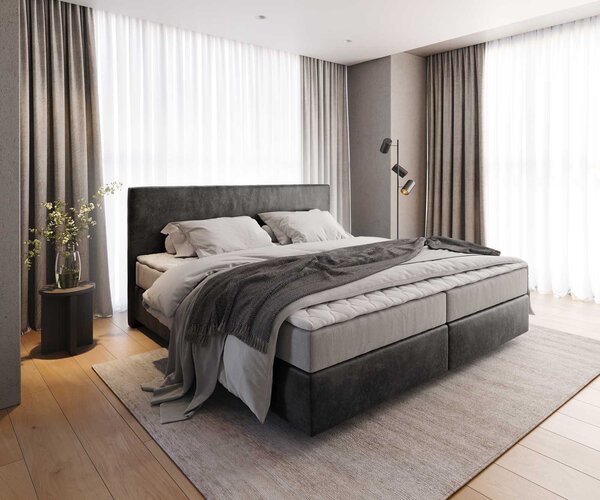 DELIFE Boxspring ágy Dream-Well mikroszálas antracit vintage 200x200 cm zsákrugós matraccal és visco topperrel