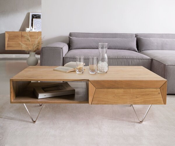 DELIFE Dohányzóasztal Kayu 115x60 cm akác természetes 2 fiókos V-láb rozsdamentes acél
