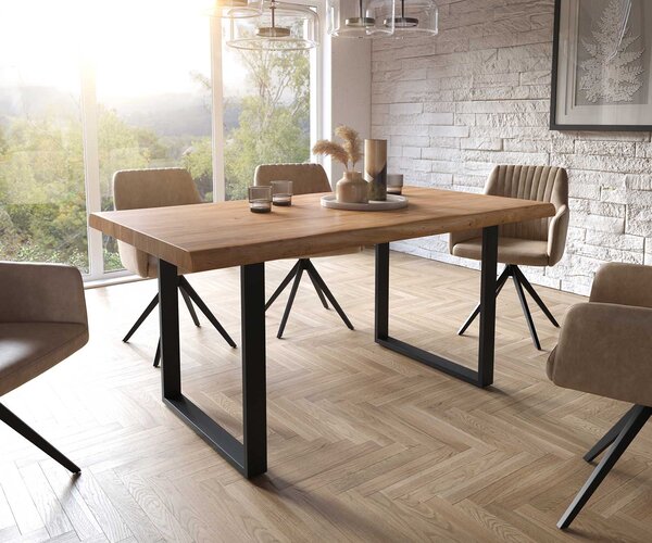 DELIFE Étkezőasztal Edge 160x90 XL akác természetes fekete vékony lábazat Live-Edge