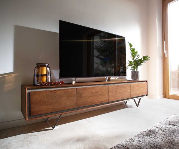 DELIFE TV szekrény Stonegrace 200 cm akác barna kőfurnér 4 ajtós "V" alakú láb fekete