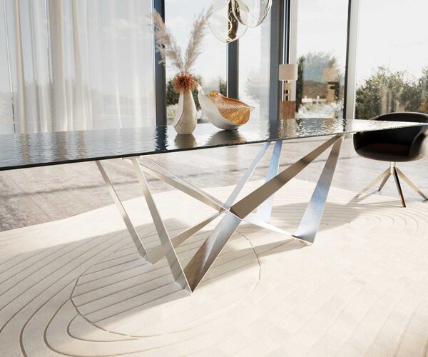 DELIFE Étkezőasztal Edge 300x100 domborított üveg füstfekete 3D design Spider laposacél rozsdamentes acél