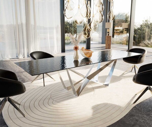 DELIFE Étkezőasztal Edge 300x100 domborított üveg füstfekete 3D design Spider laposacél rozsdamentes acél