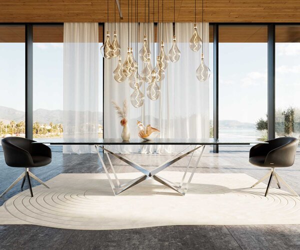 DELIFE Étkezőasztal Edge 300x100 domborított üveg füstfekete 3D design Spider laposacél rozsdamentes acél