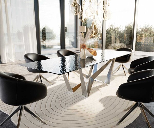 DELIFE Étkezőasztal Edge 300x100 domborított üveg füstfekete 3D design Spider laposacél rozsdamentes acél