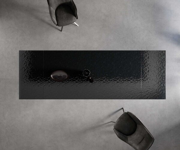 DELIFE Étkezőasztal Edge 200-300x100 domborított üveg füstfekete 3D design W alakú láb fekete kihúzható