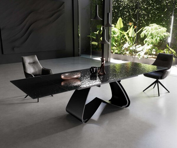 DELIFE Étkezőasztal Edge 200-300x100 domborított üveg füstfekete 3D design W alakú láb fekete kihúzható
