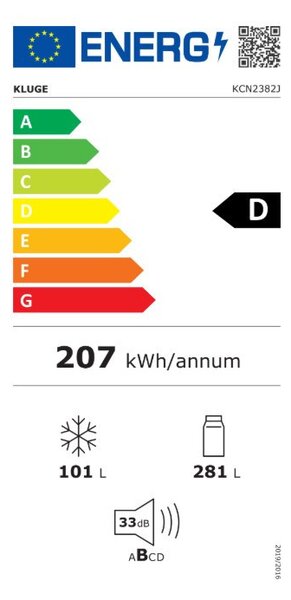 Kluge beépíthető kombi hűtőszekrény alul fagyasztóval, NoFrost, 281L/101L