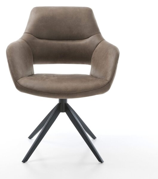 DELIFE Étkezőszék Yago-Flex karfás mikroszálas taupe vintage széles kereszt láb fekete 360° forgatható hintamechanizmus zsákrugós matraccal
