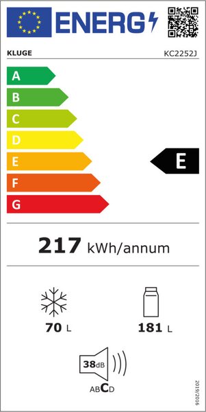 Kluge beépíthető kombi hűtőszekrény alul fagyasztóval, 181L/70L